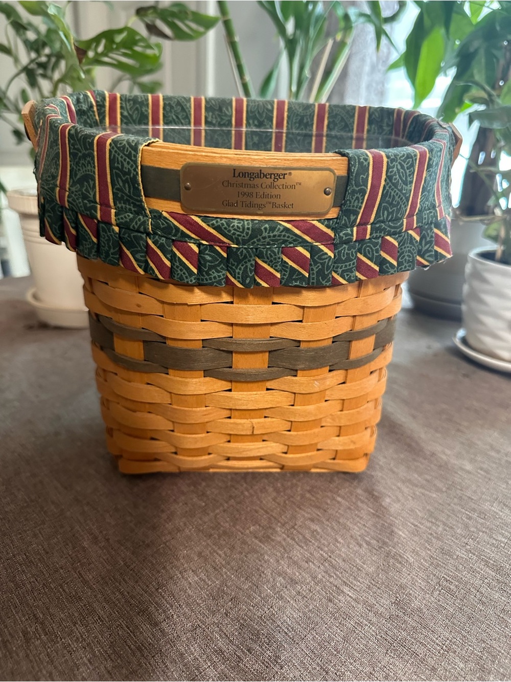 Longaberger Green & Natural Striped Lined Basket